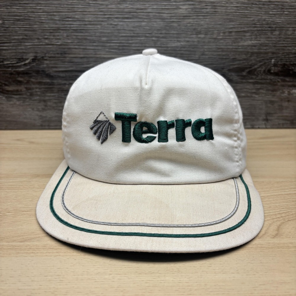 Vintage Terra Hat Cap Strap Back White Green Embroidered Made USA Mens 90s